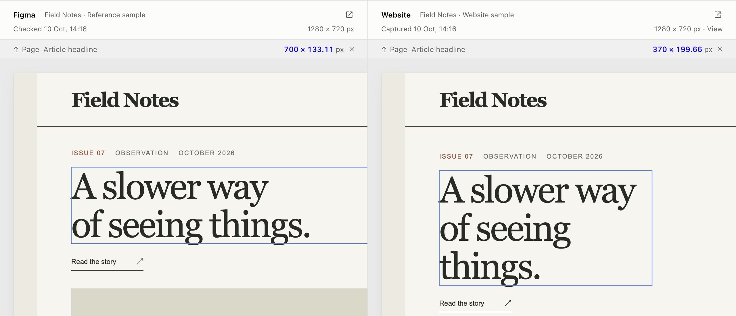 Frame Compare measures the same headline in two fictional layouts. The narrower website headline wraps onto an extra line.