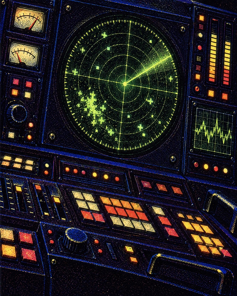 Grainy console illustration with a glowing green circular display and amber and coral keys.