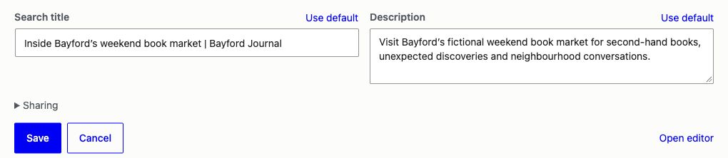 A close view of Rankaholic’s search title field and Save and Cancel controls, shown using a fictional article.